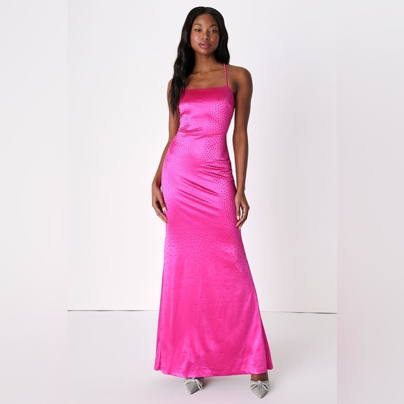 Lulus - Radiant Stunner Hot Pink Satin Rhinestone Lace-Up Maxi Dress - NWT - XS - Picture 2 of 10